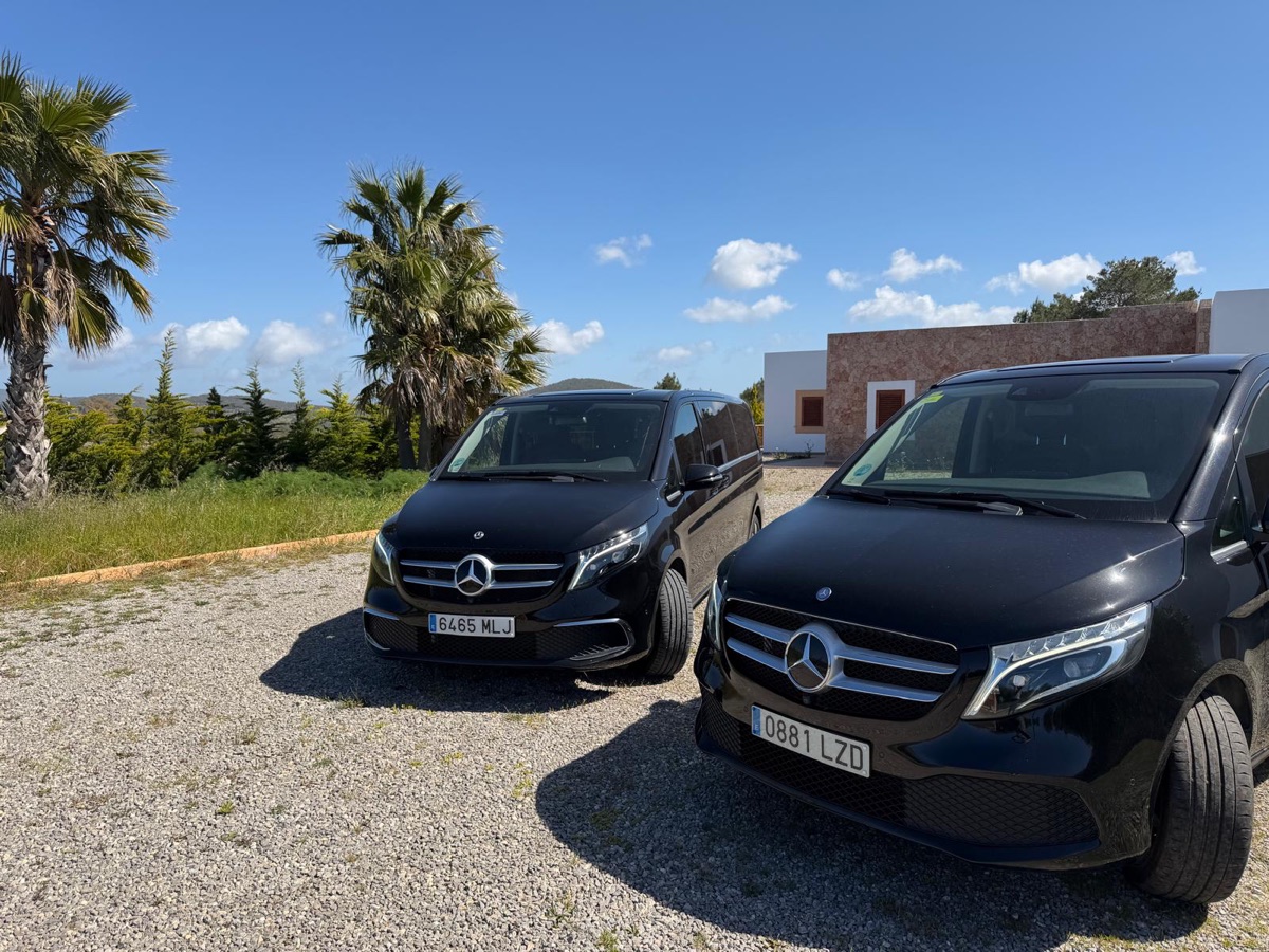 Two Mercedes V-Class minivans ready for a group transfer in Ibiza