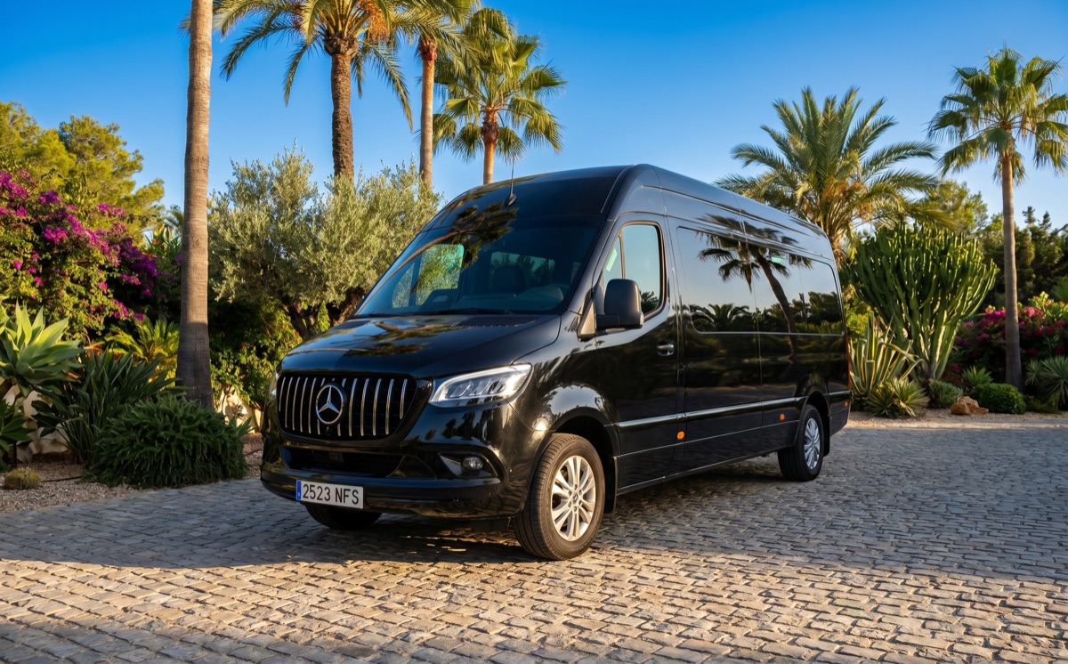 Mercedes Sprinter minibus on an Ibiza driveway with palm trees